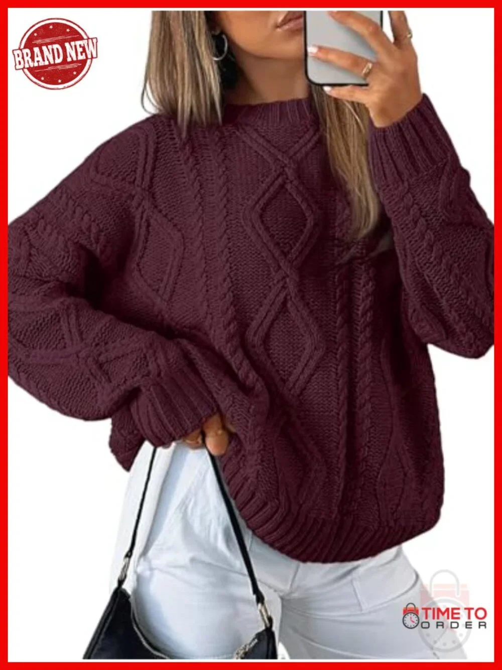 Oversized Cable Knit Crewneck Sweater - Cotton Blend